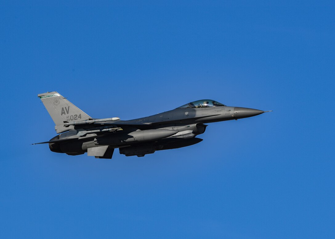 A U.S. Air Force F-16 Fighting Falcon from the 555th Fighter Squadron takes off at Aviano Air Base, Italy, Dec. 11, 2019. The unit performs air and space control and force application roles of counter-air, strategic attack and counter-land, including interdiction and close-air support, with F-16CMs employing state of the art munitions in support of the joint, NATO, and combined operations. (U.S. Air Force photo by Airman Thomas S. Keisler IV)