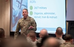 Lt. Col. Bradley Ball, staff judge advocate for the 164th AW and Contemporary Base Issues course director, discusses duty status at the CBI course hosted by the 167th Airlift Wing in Shepherdstown, W.Va., Nov. 15, 2019.