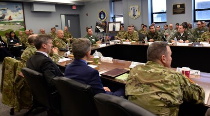 New York Army National Guard Maj.Gen.Ray Shields (center right), the adjutant general of New York, and Brazilian Maj. Gen. Marcio de Calazans Braga (center right), the Brazilian military attache in Washington, D.C., meet with members of the New York Air and Army National Guard and U.S. Southern Command and State Department representatives Dec. 11, 2019, at Stratton Air National Guard Base in Scotia, N.Y. The two-day meeting was held to discuss training and exchange opportunities as part of the National Guard State Partnership Program.