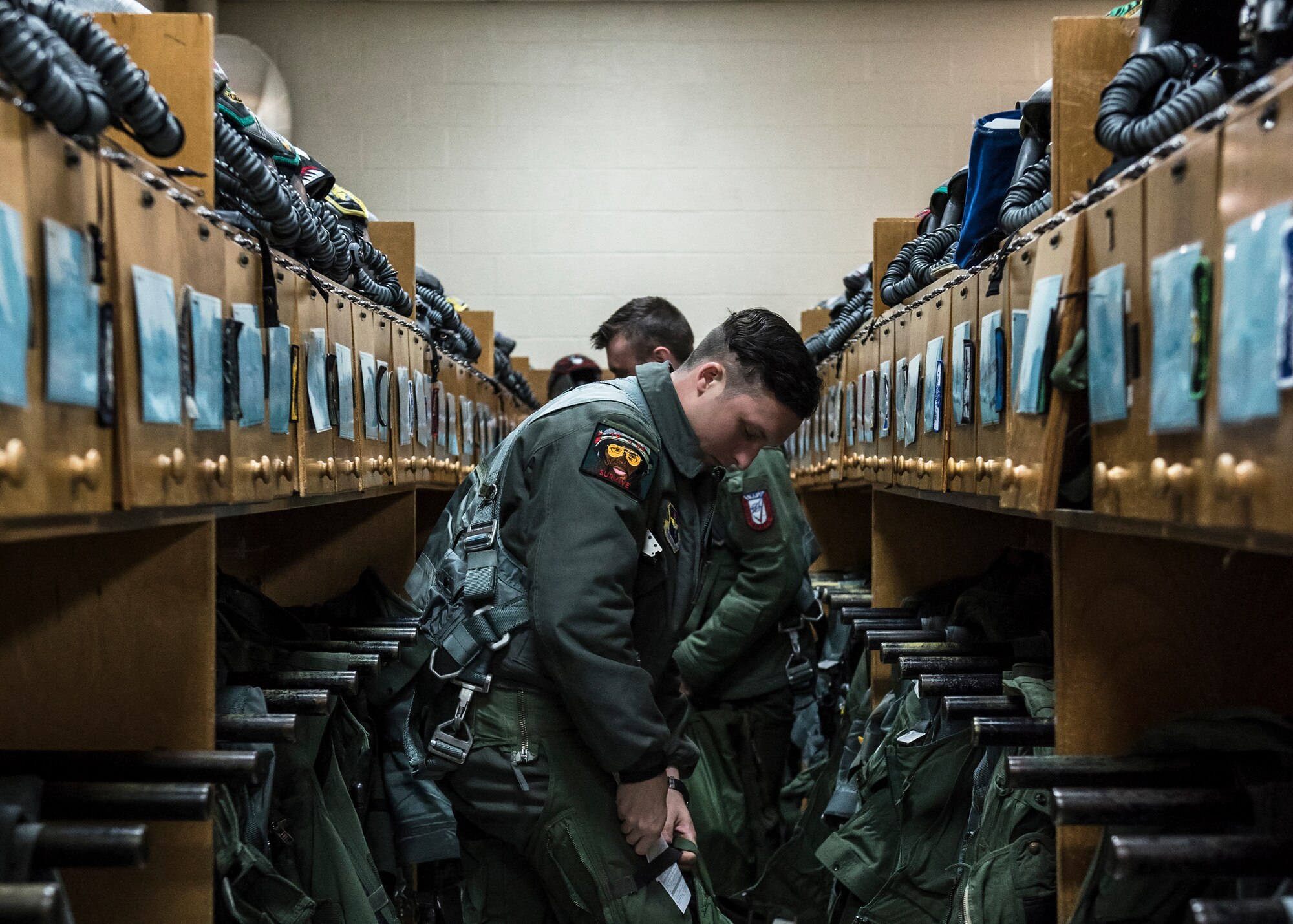 Euro-NATO Joint Jet Pilot Training Program student pilots gear up at Sheppard Air Force Base, Texas, Dec. 10, 2019. Sheppard has pilots training almost 24/7 around the clock. Pilots either have mandatory flying times or could voluntarily sign up for extra training. With so many planes coming in and out of Sheppard, pilots have a strict schedule of where and when to be, including a set amount of time to gear up and get out to their plane. (U.S. Air Force photo by Senior Airman Pedro Tenorio)