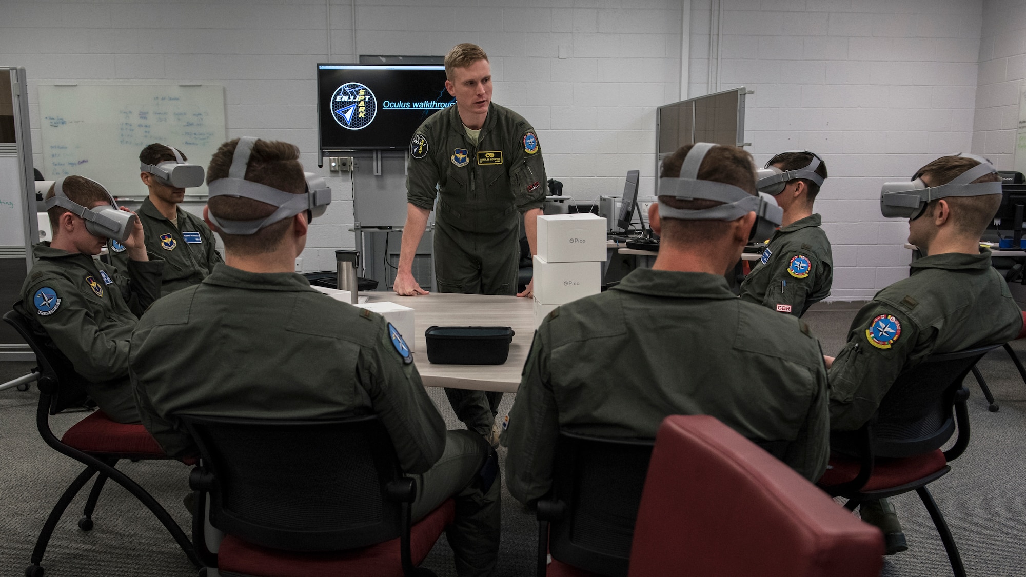 Euro-NATO Joint Jet Pilot Training Program student pilots use virtual reality headsets at Sheppard Air Force Base, Texas, Dec. 10, 2019. The ENJJPT program allows student pilots access to the Spark Cell at Sheppard. The Spark Cell incorporates virtual and augmented reality into the student pilots training. They are allowed to check out headsets or schedule time to use the stations to continue their training without having to get into an actual plane. (U.S. Air Force photo by Senior Airman Pedro Tenorio)