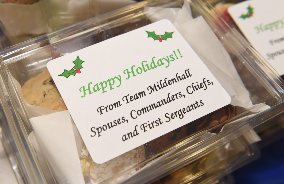 Holiday cookies baked by Team Mildenhall members sit packaged during the annual Holiday Cookie Drive at RAF Mildenhall, England, Dec. 12, 2019. First sergeants and base leadership participated in the cookie drive to show support for the Airmen who currently live in the dorms. (U.S. Air Force photo by Senior Airman Brandon Esau)