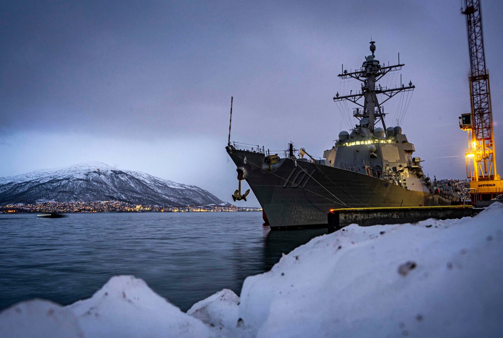 USS Gridley (DDG 101) is moored pier side in Tromso, Norway