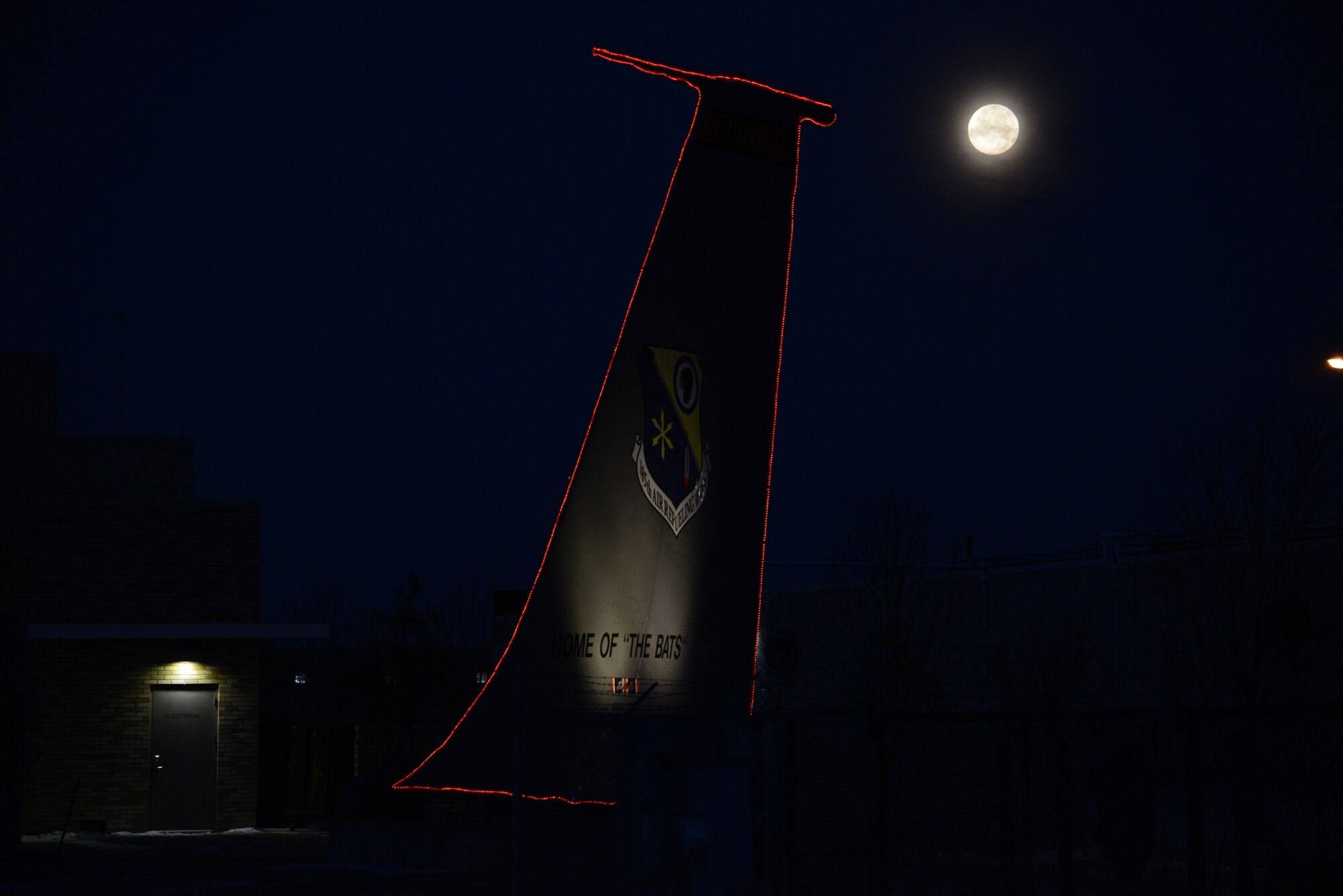 U.S. Air Force KC-135 Statotanker tail on display and decorated for Christmas