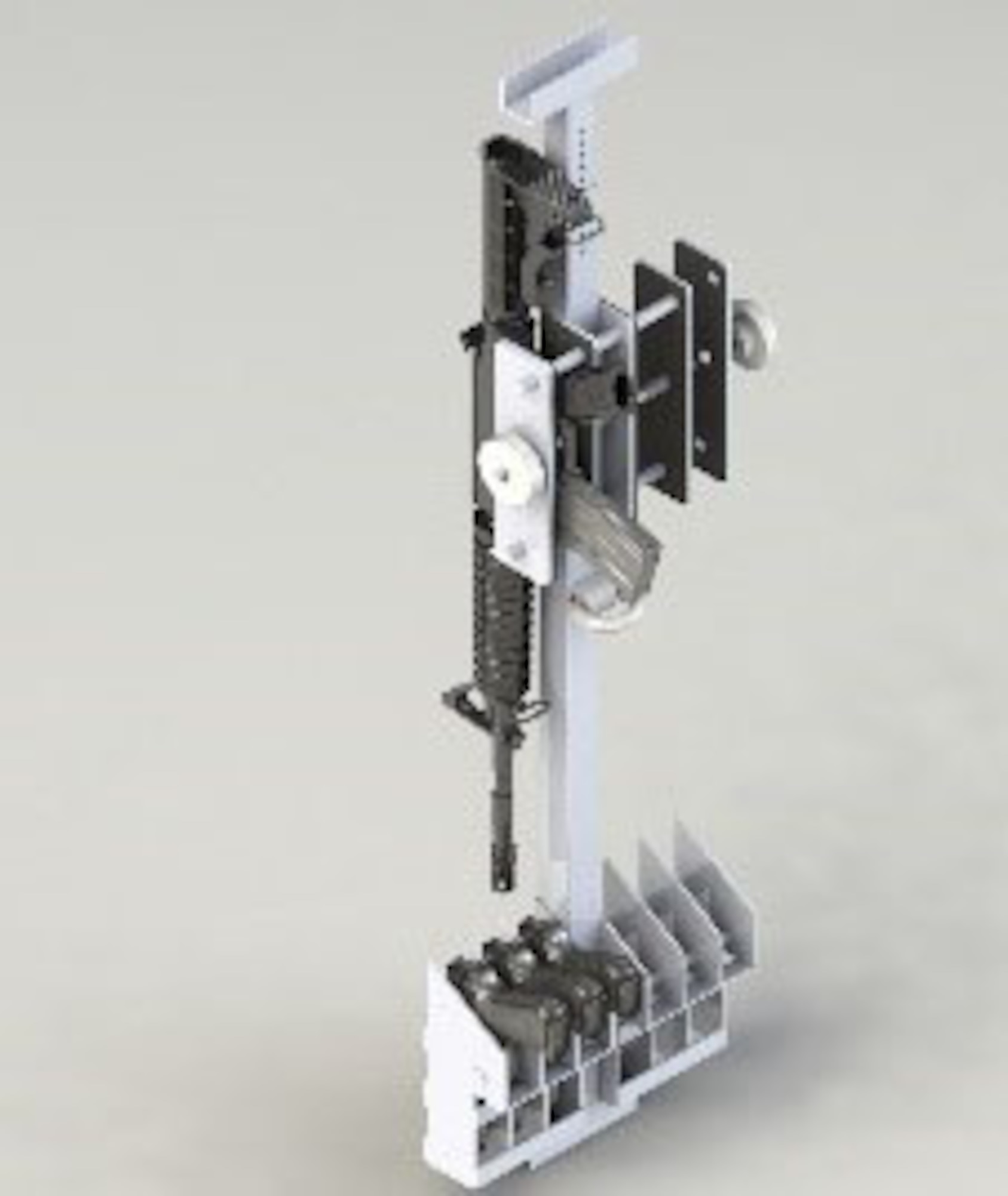 The Air Force Research Laboratory’s Junior Force Warfighter Operations team created a rack prototype capable of holding various weapon sizes for enhanced use on a C-130 aircraft platform. (U.S. Air Force courtesy photo)