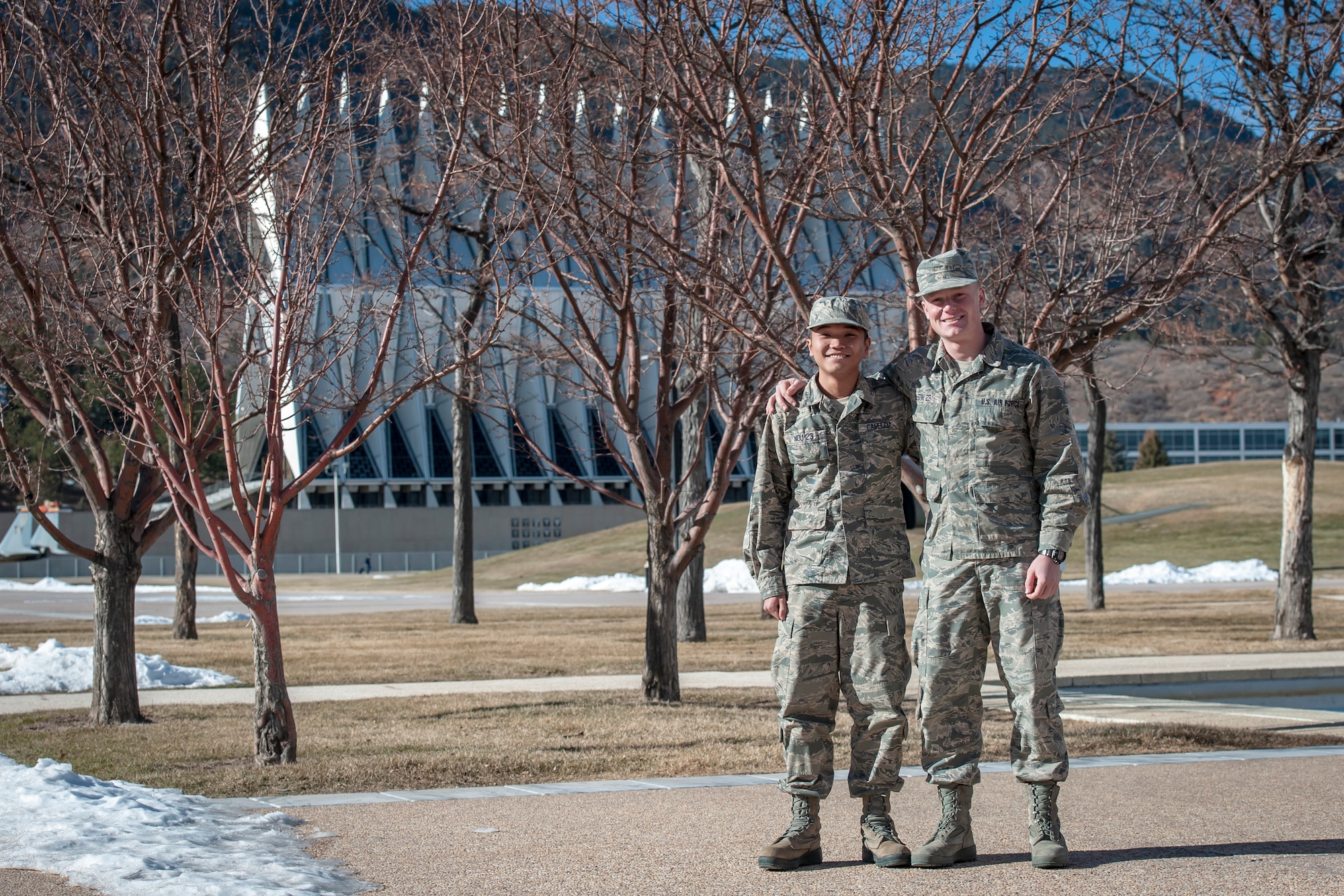 Cadets 4th Class Chanyuthea Nou and Zachary Olson appear on terrazzo at the Air Force Academy, Colo., Dec. 12, 2019. Olson and his squad mates helped raised more than $4,500 to send Nou home to Cambodia for the holidays.
(U.S. Air Force photo by Tech. Sgt. Benjamin W. Stratton)