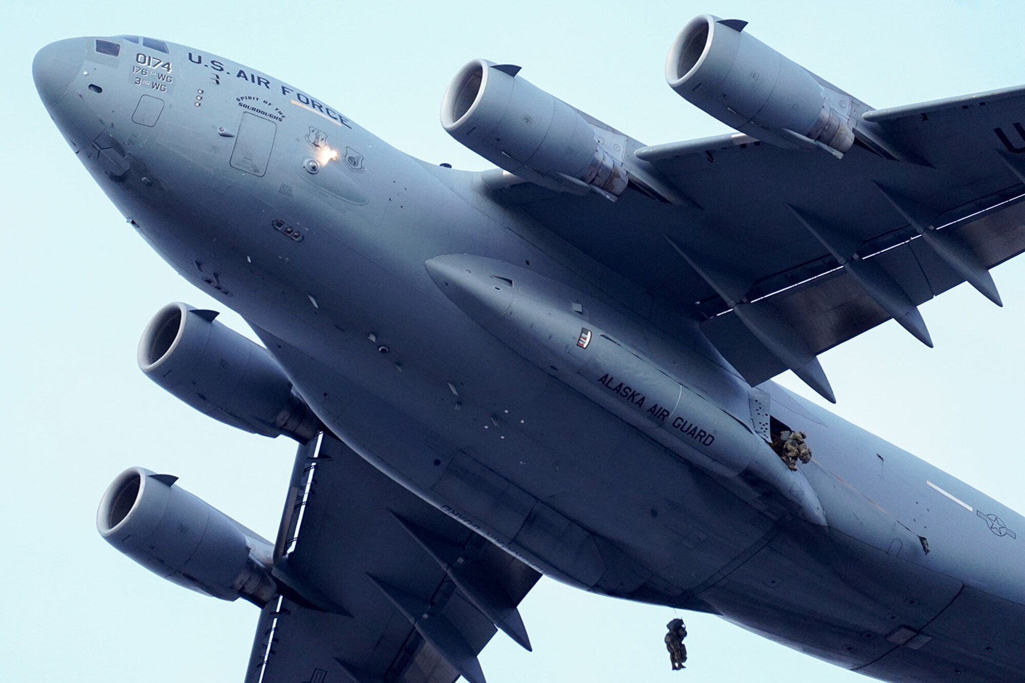 Paratroopers assigned to the 4th Infantry Brigade Combat Team (Airborne), 25th Infantry Division, U.S. Army Alaska, conduct a parachute jump on Malemute drop zone at Joint Base Elmendorf-Richardson, Alaska, Dec. 11, 2019. The Soldiers are part of the Army’s only Pacific airborne brigade with the ability to rapidly deploy worldwide, and are trained to conduct military operations in austere conditions.