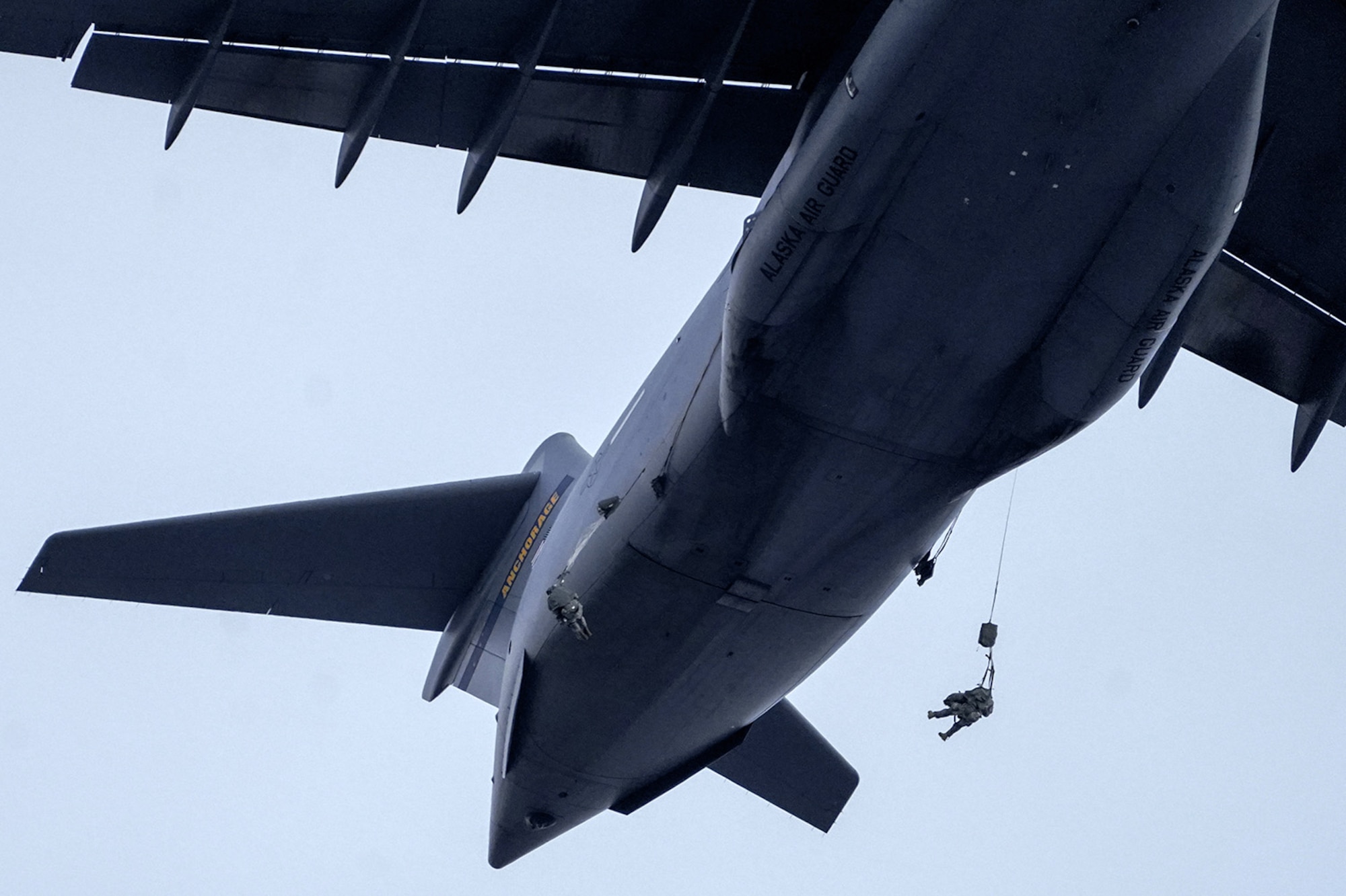 Paratroopers assigned to the 4th Infantry Brigade Combat Team (Airborne), 25th Infantry Division, U.S. Army Alaska, conduct a parachute jump on Malemute drop zone at Joint Base Elmendorf-Richardson, Alaska, Dec. 11, 2019. The Soldiers are part of the Army’s only Pacific airborne brigade with the ability to rapidly deploy worldwide, and are trained to conduct military operations in austere conditions.