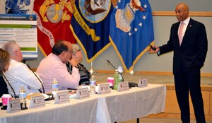 Army Col. Hise Gibson, professor of systems engineering at the U.S. Military Academy West Point, shares his research on how employees working on multiple projects simultaneously are effected by change during a DLA Troop Support Campaign of Learning event Dec. 5, 2019, in Philadelphia.