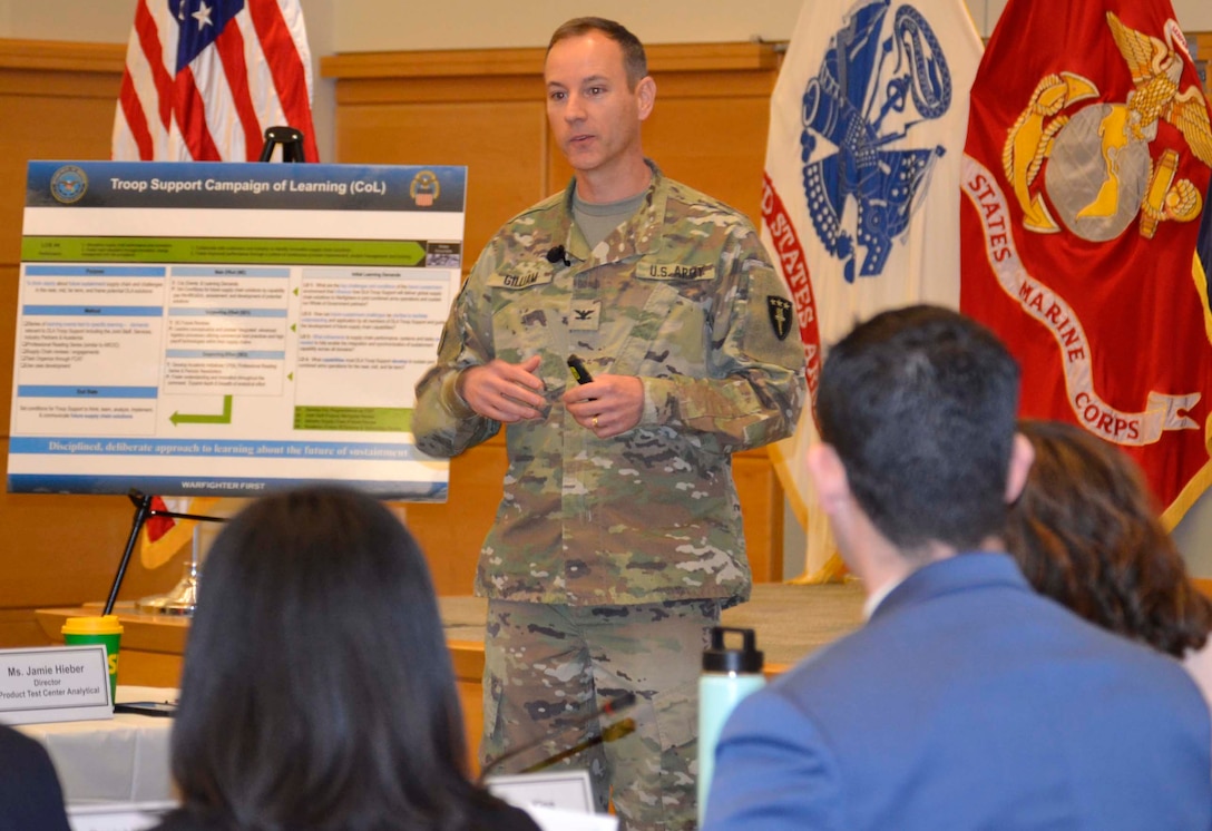 Army Col. Kennon Gilliam, strategic wargaming director for the Army Center for Strategic Leadership, discusses the benefits and applications of wargaming as a research and learning tool with leaders from the DLA Troop Support Dec. 5, 2019, at a Campaign of Learning event in Philadelphia.