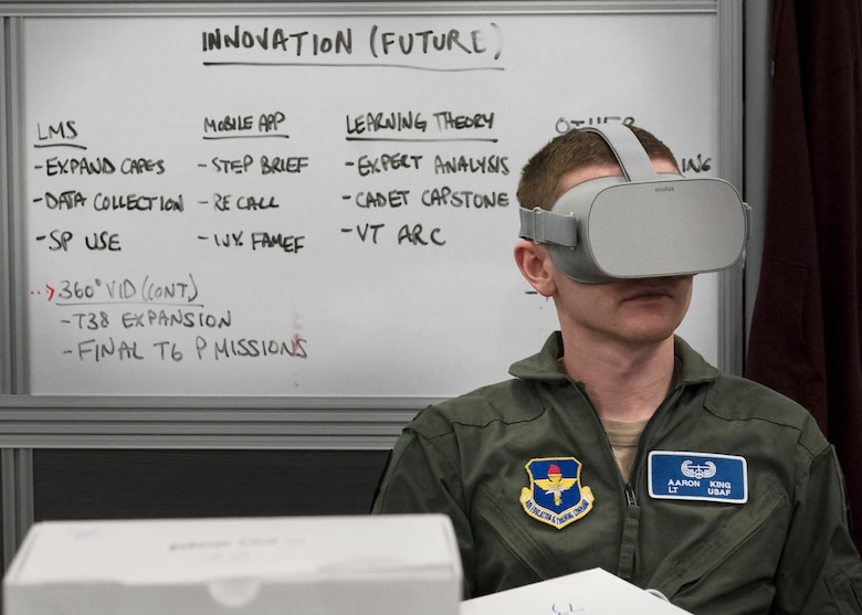A Euro-NATO Joint Jet Pilot Training Program student pilot uses a virtual reality headset at Sheppard Air Force Base, Texas, Dec. 10, 2019. ENJJPT has a program called the Spark Cell, which incorporates virtual and augmented reality into pilot training. It is part of the Air Force's push to innovate training as technology advances further. (U.S. Air Force photo by Senior Airman Pedro Tenorio)