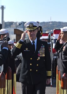 YOKOSUKA, Japan (Dec. 12, 2019) Outgoing Commanding Officer Capt. Eric J. Anduze, from Manati, Puerto Rico, proceeds through sideboys during the U.S. 7th Fleet flagship USS Blue Ridge (LCC 19) change of command ceremony. Capt. Craig C. Sicola, of Dallas, relieved Anduze, from Manati, Puerto Rico, as the ship’s commanding officer. Blue Ridge, part of Expeditionary Strike Group 7, is the oldest operational ship in the Navy and, as 7th Fleet command ship, actively works to foster relationships with allies and partners in support of security and stability within the Indo-Pacific Region.