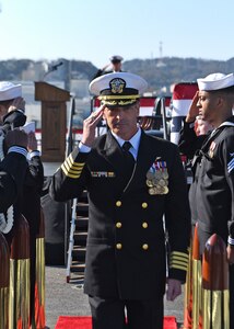 YOKOSUKA, Japan (Dec. 12, 2019) Commanding Officer Capt. Craig Sicola, from Dallas, proceeds through sideboys during the U.S. 7th Fleet flagship USS Blue Ridge (LCC 19) change of command ceremony. Sicola, of Dallas, relieved Capt. Eric J. Anduze, from Manati, Puerto Rico, as the ship’s commanding officer. Blue Ridge, part of Expeditionary Strike Group 7, is the oldest operational ship in the Navy and, as 7th Fleet command ship, actively works to foster relationships with allies and partners in support of security and stability within the Indo-Pacific Region.