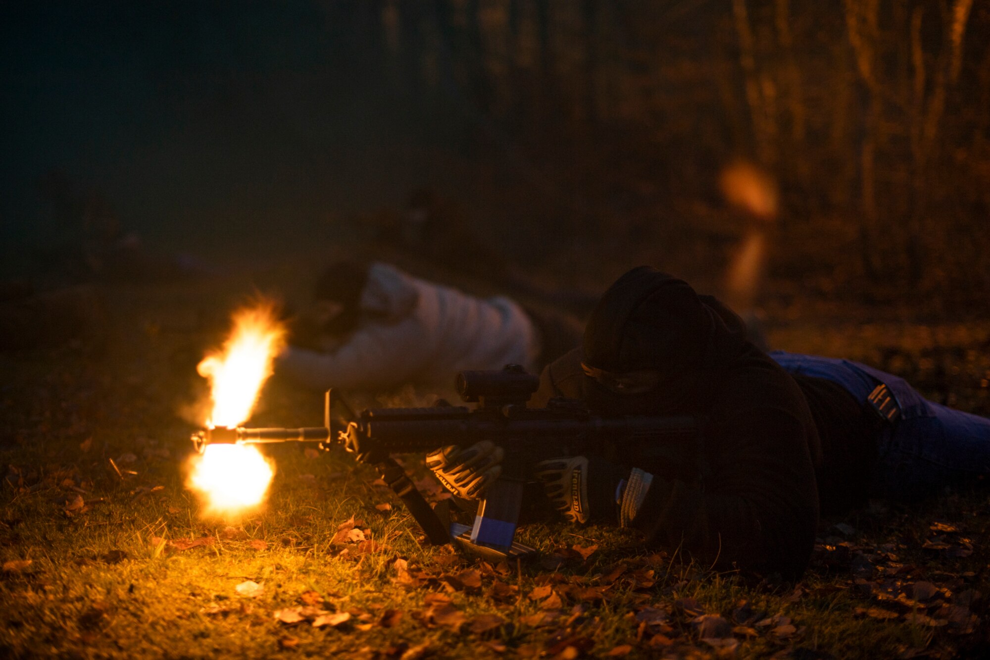 U.S. Air Force Airmen assigned to the 86th Airlift Wing Opposing Forces team act as adversaries during exercise Operation Varsity 19-04 at Kapaun Air Station, Germany, Dec. 11, 2019. The 569th U.S. Forces Police Squadron responded to a simulated attack and applied their proficiencies to neutralize the threat. (U.S. Air Force photo by Staff Sgt. Devin Boyer)