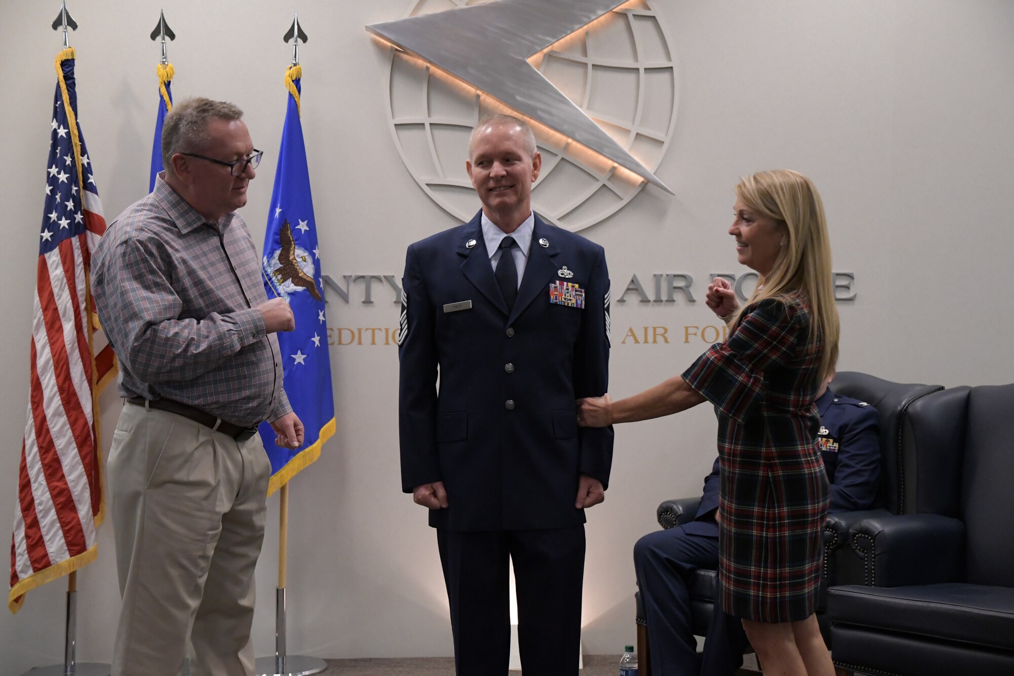 Senior Master Sgt. Carlton Mayo, 22nd Air Force aircraft maintenance and systems equipment program manager, recently promoted to chief master sergeant during a promotion ceremony held here Dec. 8, 2019. (U.S. Air Force photo/Senior Airman Justin Clayvon)