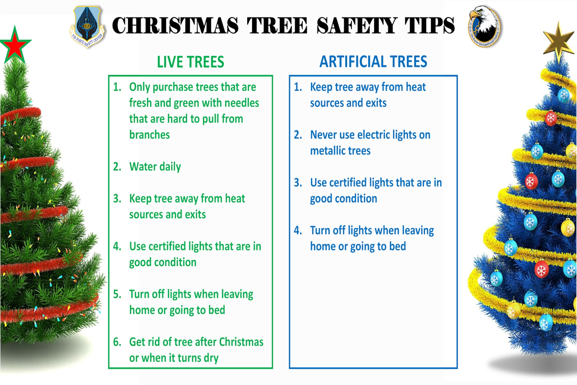 Christmas tree safety tip poster with photo of live and artificial tree and safety tips for both.