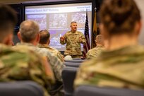 Joint Task Force Civil Support Commanding General U.S. Army Maj. Gen. William “Bill” Hall delivers a speech as part of the command’s U.S. National Guard 383rd birthday celebration. (DoD Photo by Chief Mass Communication Specialist Barry Riley/RELEASED)