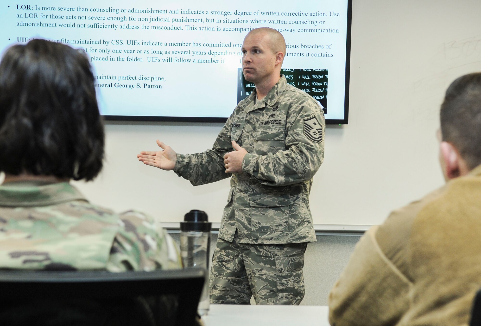 Master Sgt. Brian Frutiger, Geospatial and Signatures Intelligence Group first sergeant, describes procedures for administering Letters of Counselling during a First Sergeant’s Panel on the progressive discipline model at Wright-Patterson Air Force Base, Ohio, Dec. 11, 2019. The panel provided first sergeants from a variety of squadrons with an avenue to share their experience concerning progressive discipline and best practices for leading and mentoring subordinates. (U.S. Air Force photo by Staff Sgt. Seth Stang)