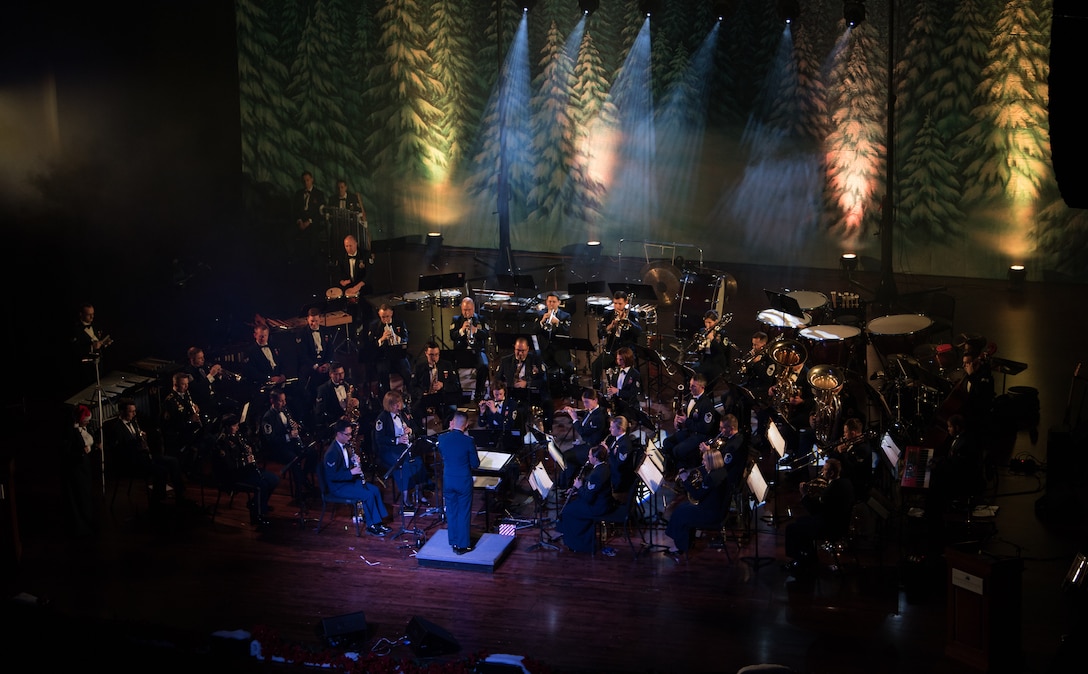 Members of the U.S. Air Force Heritage of America band perform a holiday concert at the Christopher Newport University Ferguson Center, Newport News, Virginia, Dec. 5, 2019. The band performed classic holiday songs along with some new releases. (U.S. Air Force photo by Airman 1st Class Sarah Dowe)