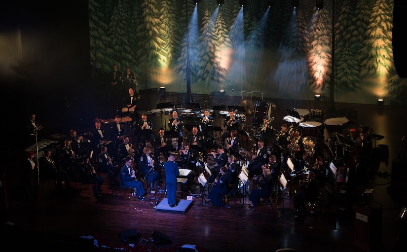 Members of the U.S. Air Force Heritage of America band perform a holiday concert at the Christopher Newport University Ferguson Center, Newport News, Virginia, Dec. 5, 2019. The band performed classic holiday songs along with some new releases. (U.S. Air Force photo by Airman 1st Class Sarah Dowe)