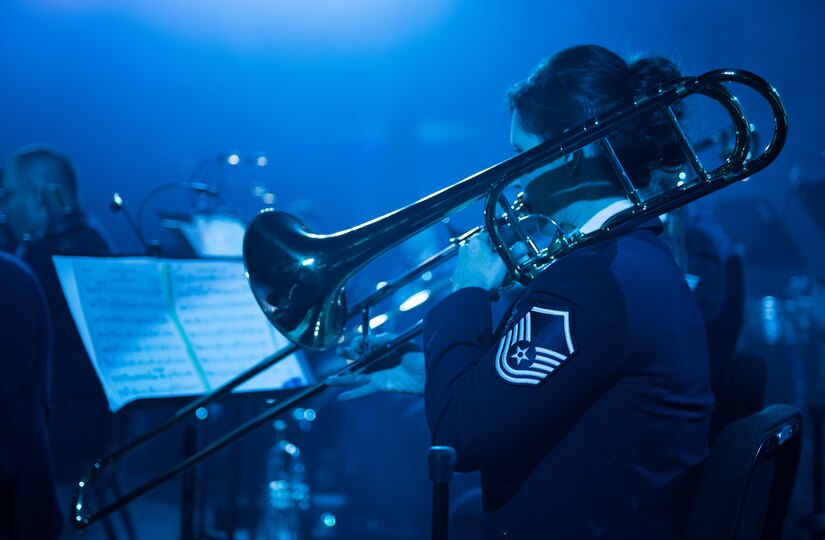 Members of the U.S. Air Force Heritage of America band perform at a holiday concert at the Christopher Newport University Ferguson Center, Newport News, Virginia, Dec. 5, 2019. The concert was open to the public, allowing retirees, active duty military and civilians to watch the band perform. (U.S. Air Force photo by Airman 1st Class Sarah Dowe)