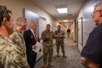 Joint Task Force Civil Support (JTF-CS) Commanding General U.S. Maj. Gen. William “Bill” Hall briefs Deputy Assistant Secretary of Defense for Homeland Defense Integration and Defense Support of Civil Authorities Robert Salesses and Senior Military Advisor for Radiological and Nuclear Defense U.S. Army Col. Todd Viar on the command’s operation plan and task force structure during their visit to JTF-CS headquarters at Joint Base Langley-Eustis. The visit included a brief with the JTF-CS leadership and an operations technology demonstration. (Official DoD photo by Mass Communication Specialist 3rd Class Michael Redd/RELEASED)