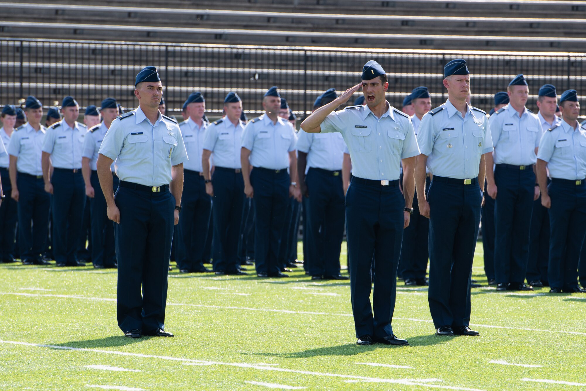 A newly commissioned officer a part of the Air Force’s Officer Training School class 19-07 participates in the graduation ceremony Sept. 27, 2019, in Montgomery, Alabama. The OTS graduation parade and ceremony signifies the end of the trainee’s initial officer training and the beginning of their career as an Air Force officer. (U.S. Air Force photo by Airman 1st Class Charles Welty)