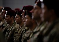 Pararescue Airmen stand lined up at attention.