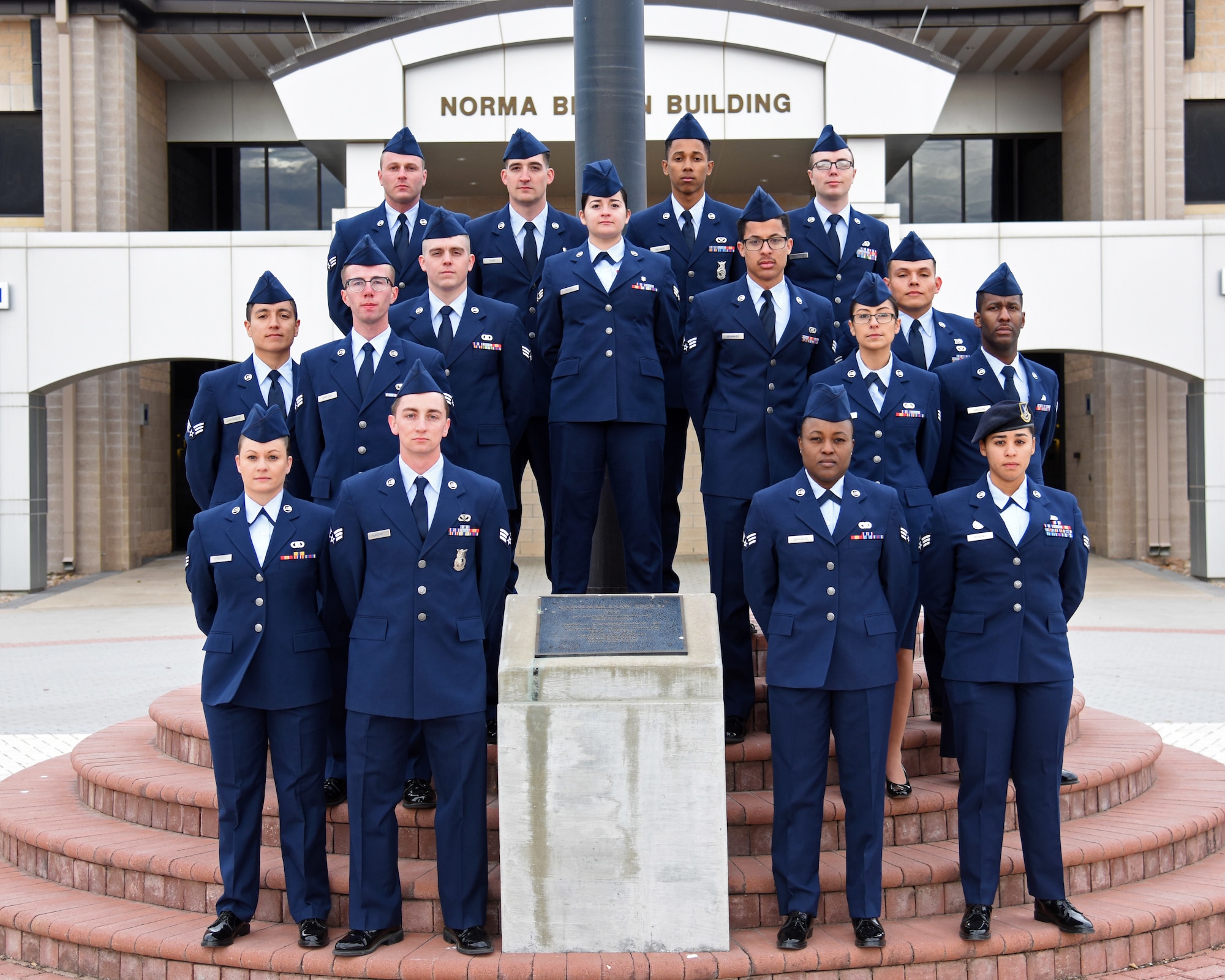 Graduates of Airman Leadership School Class 20-A pose for a class photo on Goodfellow Air Force Base, Texas, November 27, 2019. ALS is a four-week course designed to give senior airmen an understanding of their role as military supervisors and how they contribute to the overall goals and mission of the Air Force. (U.S. Air Force photo by Airman 1st Class Ethan Sherwood)