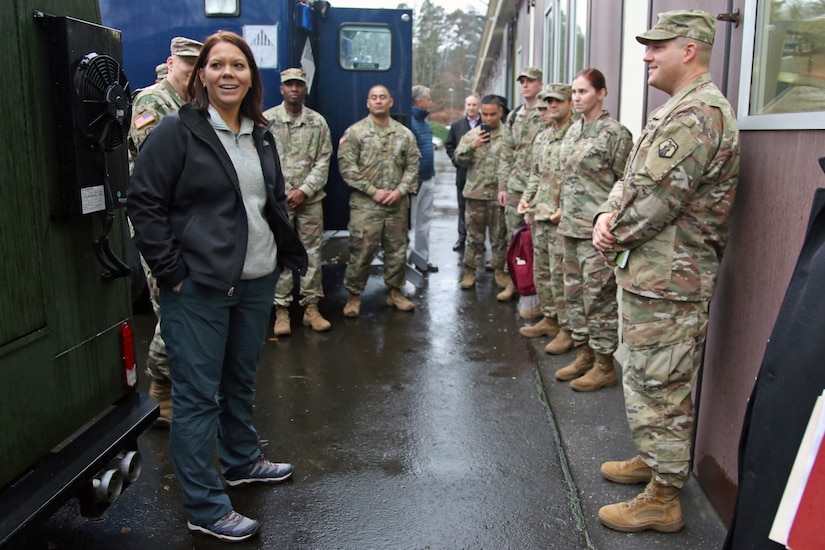 U.S. Army Reserve Lt. Col. Eric Samaritoni (right), commander of the 773rd Civil Support Team, 7th Mission Support Command, and his team of Soldiers meets with Dr. Brandi C. Vann, deputy assistant secretary of defense for U.S. Chemical and Biological Defense, after she toured the 773rd headquarters on Panzer Kaserne in Kaiserslautern, Germany, December 11, 2019. The 773rd is the only Civil Support Team in the U.S. Army Reserve and the European theater of operations. (U.S. Army Reserve photo by Sgt. 1st Class Joy Dulen)