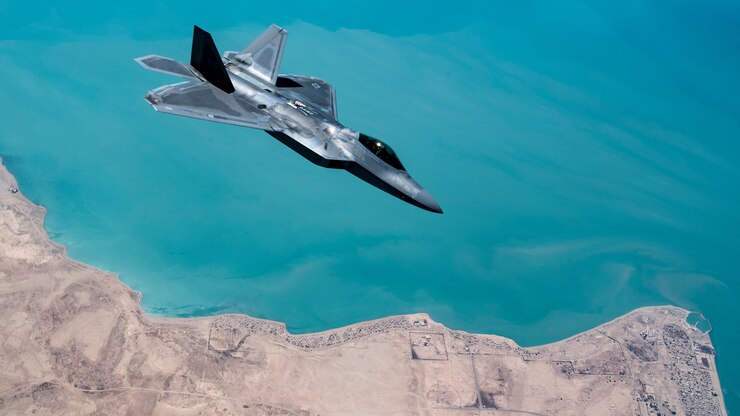 A U.S. F-22 Raptor conducts a combat air patrol mission over an undisclosed location in Southwest Asia, Sept. 13, 2019.