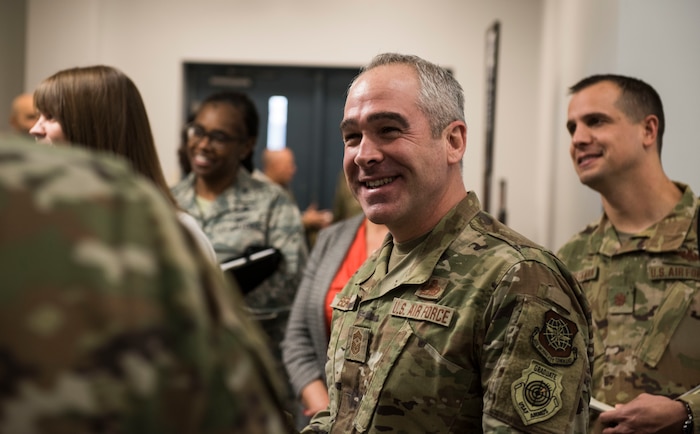Chief Master Sgt. Kristopher Berg, U.S. Air Force Expeditionary Center command chief, learns about the base fitness center’s plans and goals Dec. 11, 2019, at Joint Base Charleston, S.C. During the visit, EC leadership toured various facilities across the installation for a behind-the-scenes look at base operations while getting a glimpse of service members in action. The USAF EC is the Air Force’s center of excellence for rapid global mobility and agile combat support training and education. The center also has direct oversight for installation support, contingency response and mission sets within the global mobility enterprise.