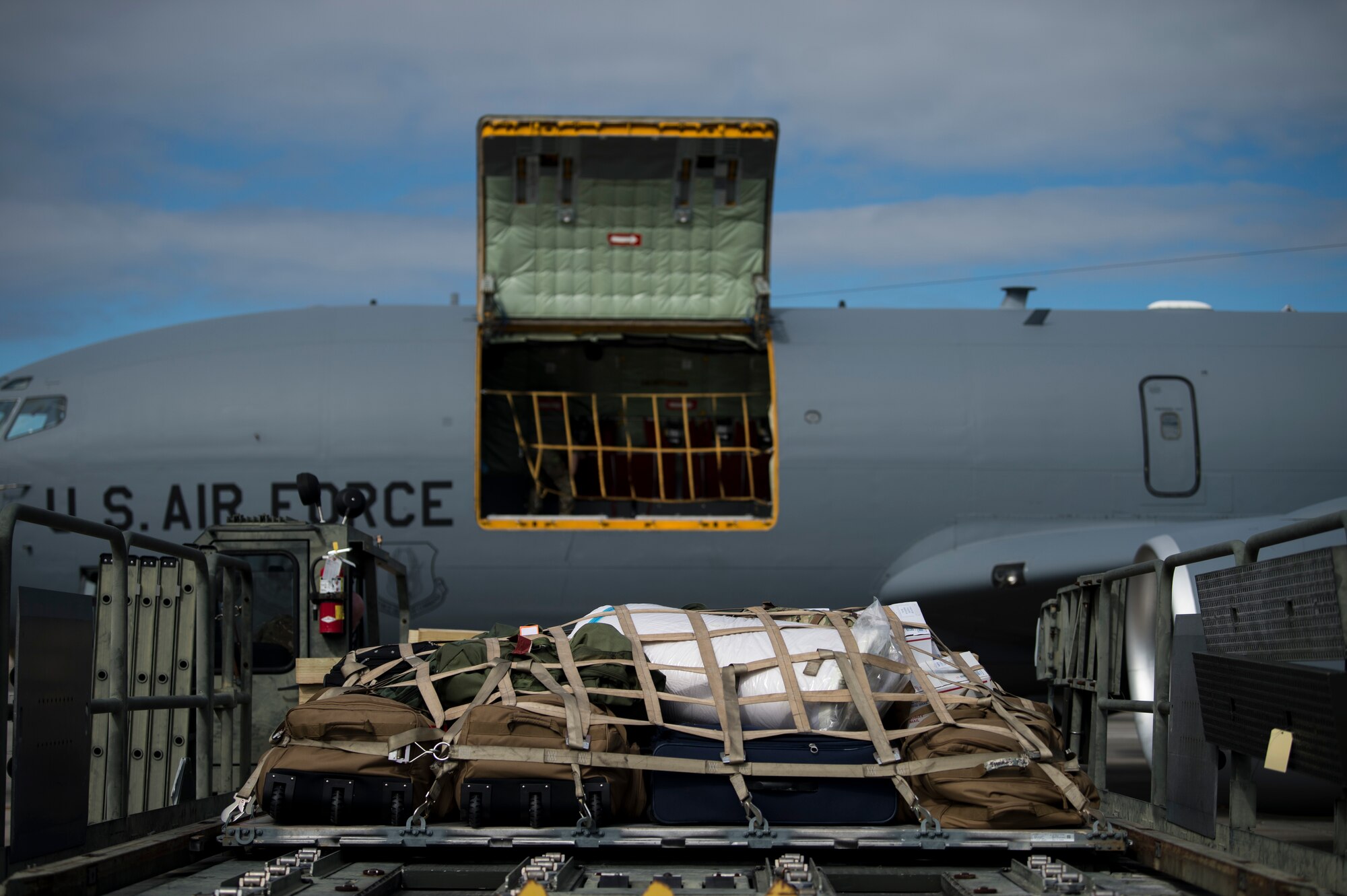 Cargo belonging to the 91st Air Refueling Squadron (ARS) sits on a cargo loader before being loaded onto a KC-135 Stratotanker aircraft at MacDill Air Force Base, Fla., Dec. 3, 2019.