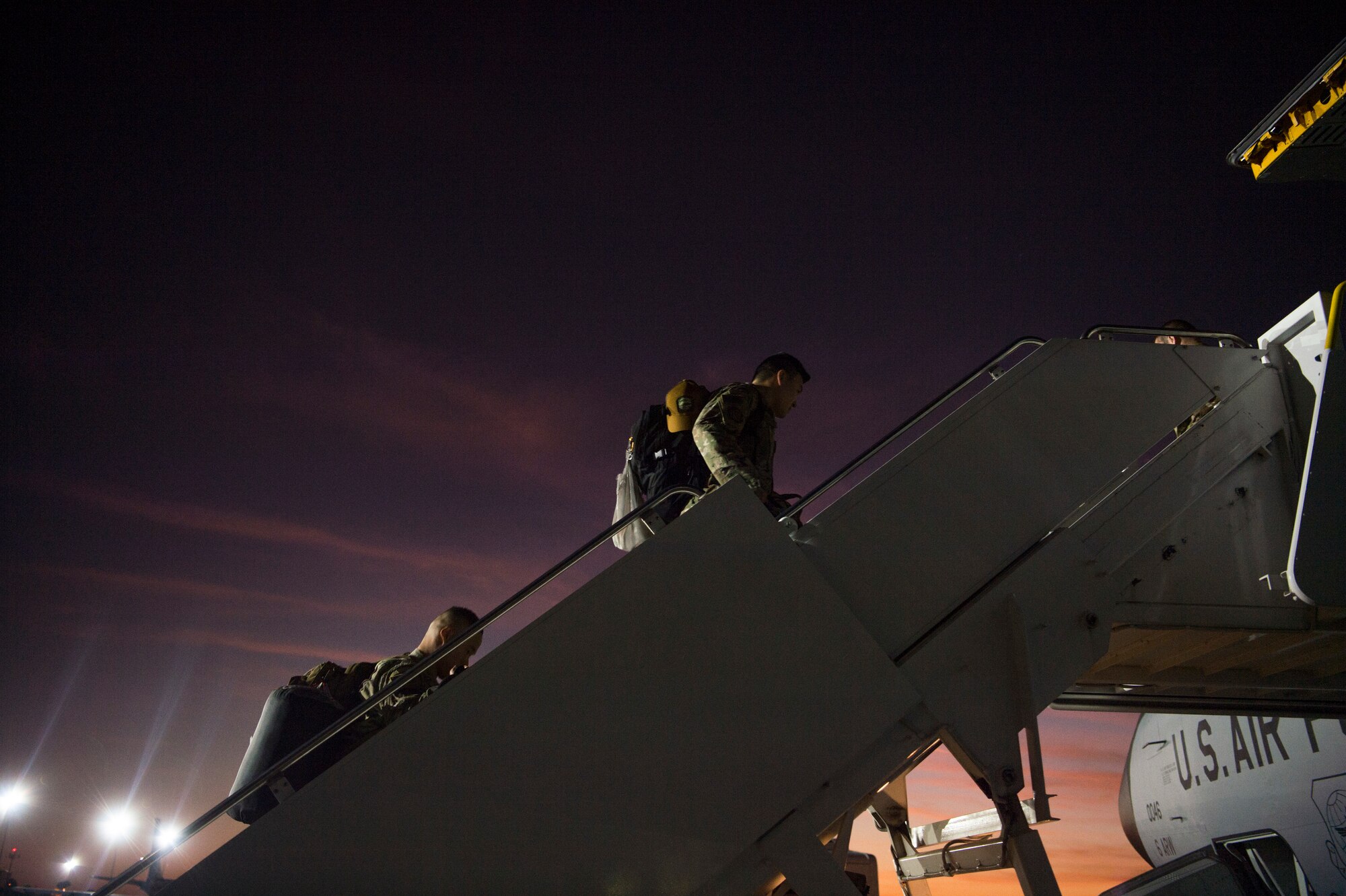 Members of the 91st Air Refueling Squadron board a KC-135 Stratotanker aircraft before deploying from MacDill Air Force Base, Fla., Dec. 9, 2019.