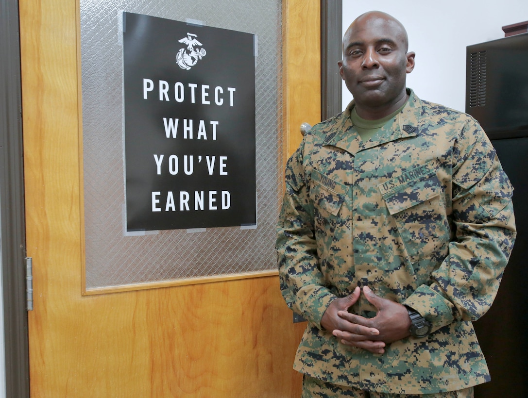 Twenty-eight years ago, Sgt. Maj. Jeffrey Young did not envision himself being in a significant leadership position within the Marine Corps. He was expecting to do his four years and move on. Now at the tail end of his military career, he is able to look back on the opportunities provided to him while mentoring young Marines working their way up in the ranks. Young serves as the sergeant major for Marine Corps Logistics Base Albany. (U.S. Marine Corps photo by Jennifer Parks)