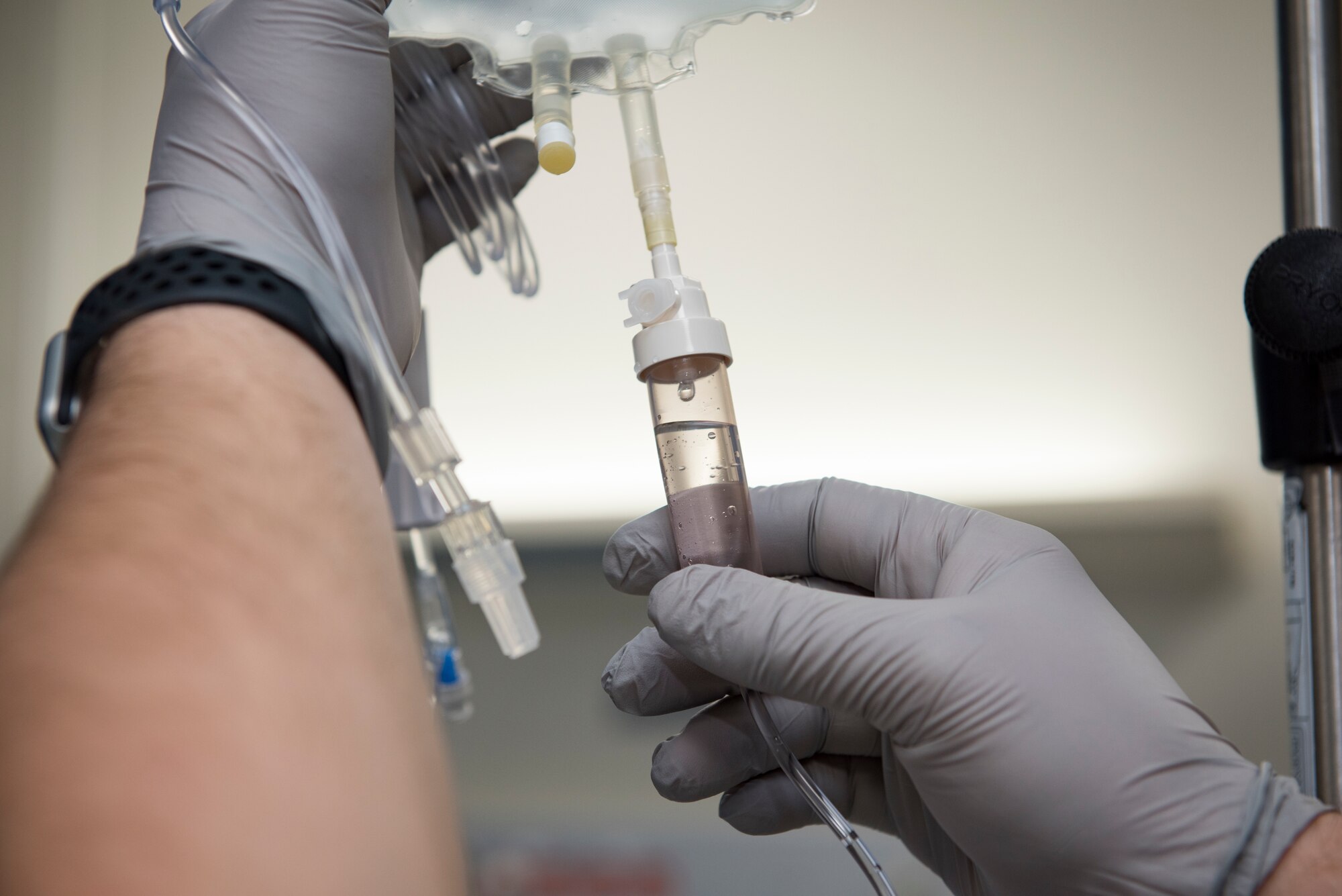 U.S. Air Force Airman 1st Class Nicolas Bertuna, 86th Medical Squadron aerospace medical technician, prepares an intravenous drip for a patient at Landstuhl Regional Medical Center, Dec. 13, 2019. Bertuna was named Ramstein’s Airlifter of the Week for his accomplishments.