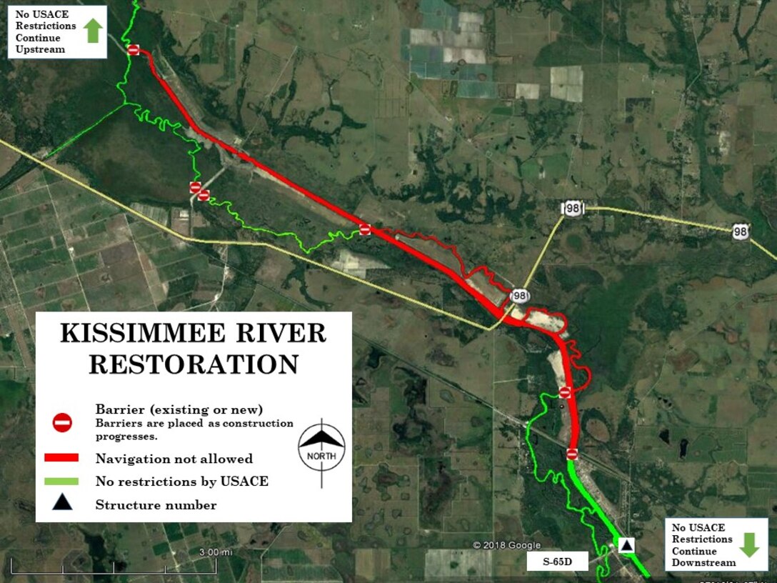 The U.S. Army Corps of Engineers Jacksonville District has closed additional portions of the Kissimmee River to navigation.  In addition to the 10 miles of canal that was closed this summer, the Corps is also restricting boating on the historic oxbows north and south of the U.S. Highway 98 bridge located 20 miles northwest of Okeechobee.