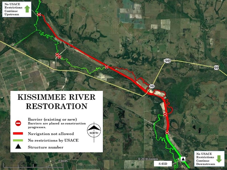 The U.S. Army Corps of Engineers Jacksonville District has closed additional portions of the Kissimmee River to navigation.  In addition to the 10 miles of canal that was closed this summer, the Corps is also restricting boating on the historic oxbows north and south of the U.S. Highway 98 bridge located 20 miles northwest of Okeechobee.