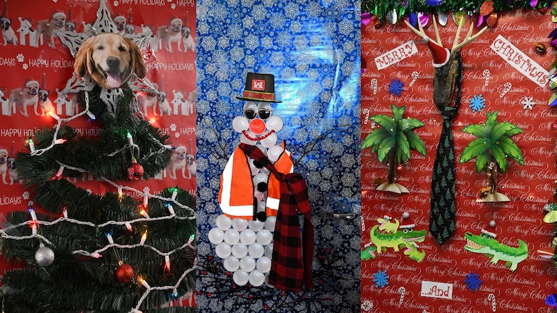 three office doors covered in holiday wrapping paper and decorations