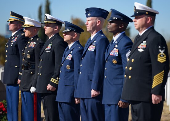 Leaders from different service branches at Goodfellow Air Force Base laid special wreaths to honor prisoners of war, missing in action, veterans and active duty serving in that branch at Wreaths Across America in Belvedere Memorial Cemetery in San Angelo, Texas, Dec. 14, 2019. Each leader paid their respects and shared the experience with members of the San Angelo community. (U.S. Air Force photo by Airman 1st Class Ethan Sherwood)
