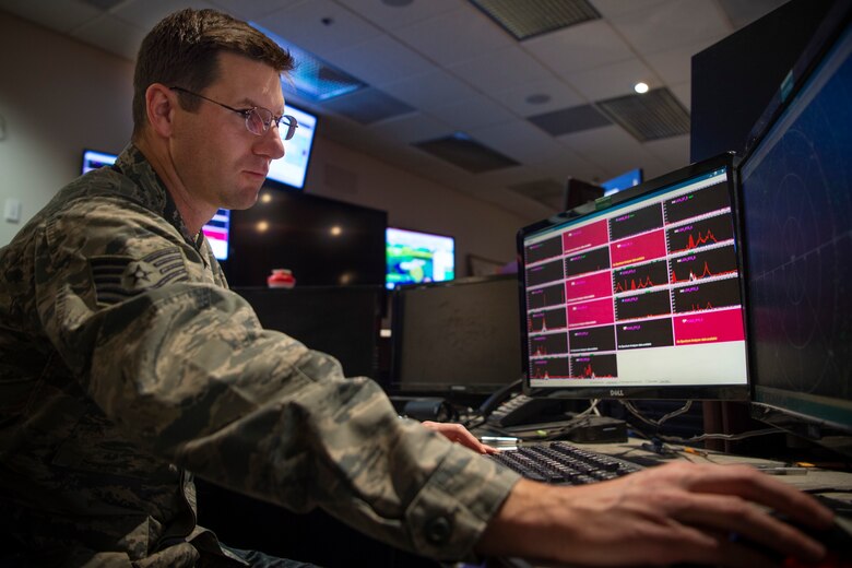 Tech. Sgt. Michael Vandenbosch, 22nd Space Operations Squadron defensive counter-space operator, uses software to identify interference to a specific satellite at Schriever Air Force Base, Colorado, Dec. 16, 2019. The DSCOs monitor signals from satellites to make sure they’re clean and not corrupted. (U.S. Air Force photo by Airman 1st Class Jonathan Whitely)