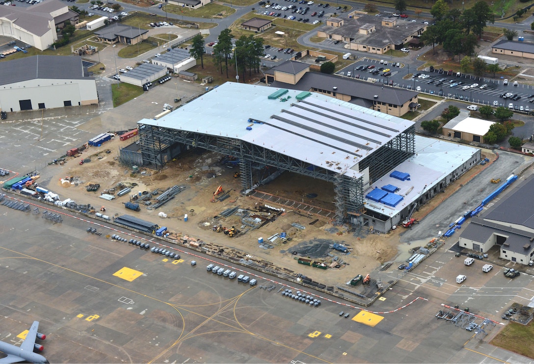 The new $59.5 million hangar currently under construction at Seymour Johnson Air Force Base in Goldsboro, N.C., will support the new KC-46A Pegasus, a mid-air refueling tanker set to arrive at the installation in the summer of 2020.