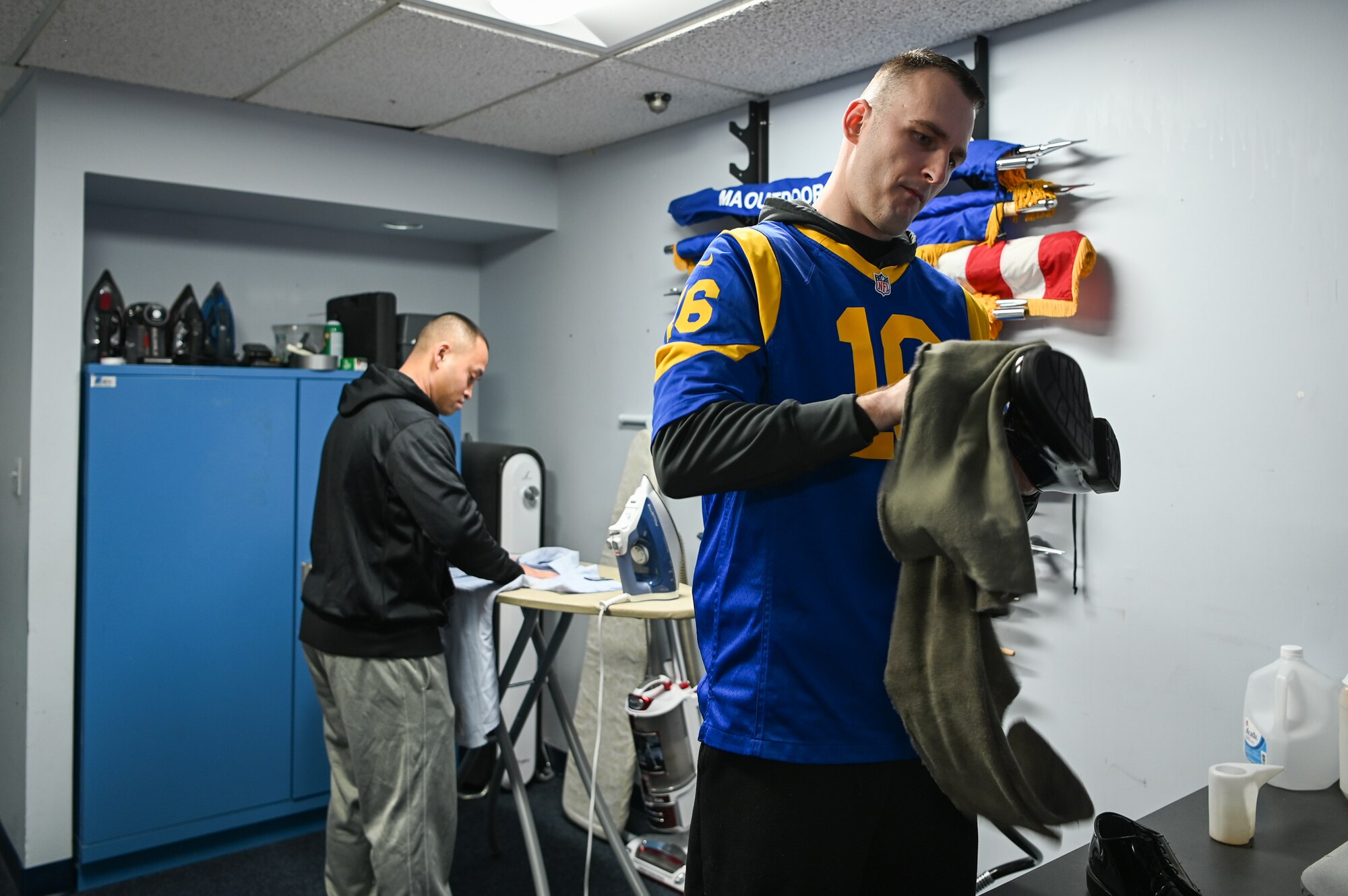 Tech. Sgt. David Seng, left, and Tech Sgt. Daniel Fox, members of the Patriot Honor Guard at Hanscom Air Force Base, Mass., prepare their uniforms for a funeral detail in New York Dec. 9. The Patriot Honor Guard participated in more than 2,300 funeral honors for active duty, retirees and veterans in New England and Northeastern New York in 2019. (U.S. Air Force photo by Mark Herlihy)