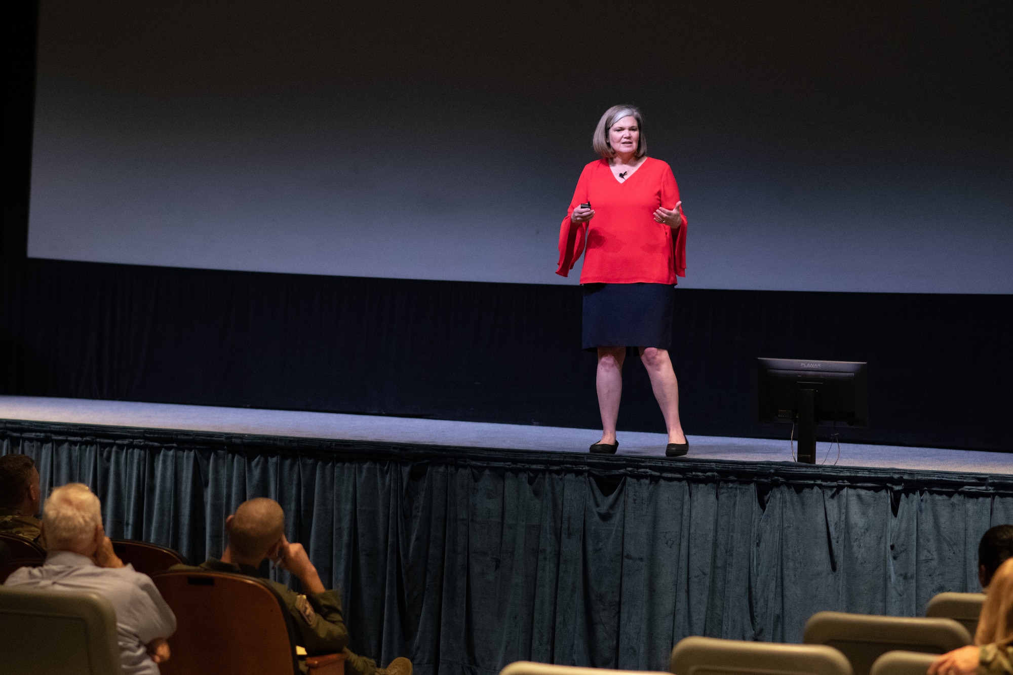 Kristen Christy, 2018 Air Force Spouse of the Year, speaks with Air University personnel Dec. 9, 2019, on Maxwell Air Force Base, Alabama. Christy opened up to the crowd, sharing her life story and giving advice for dealing with adversity. (U.S. Air Force photo by Senior Airman Charles Welty)