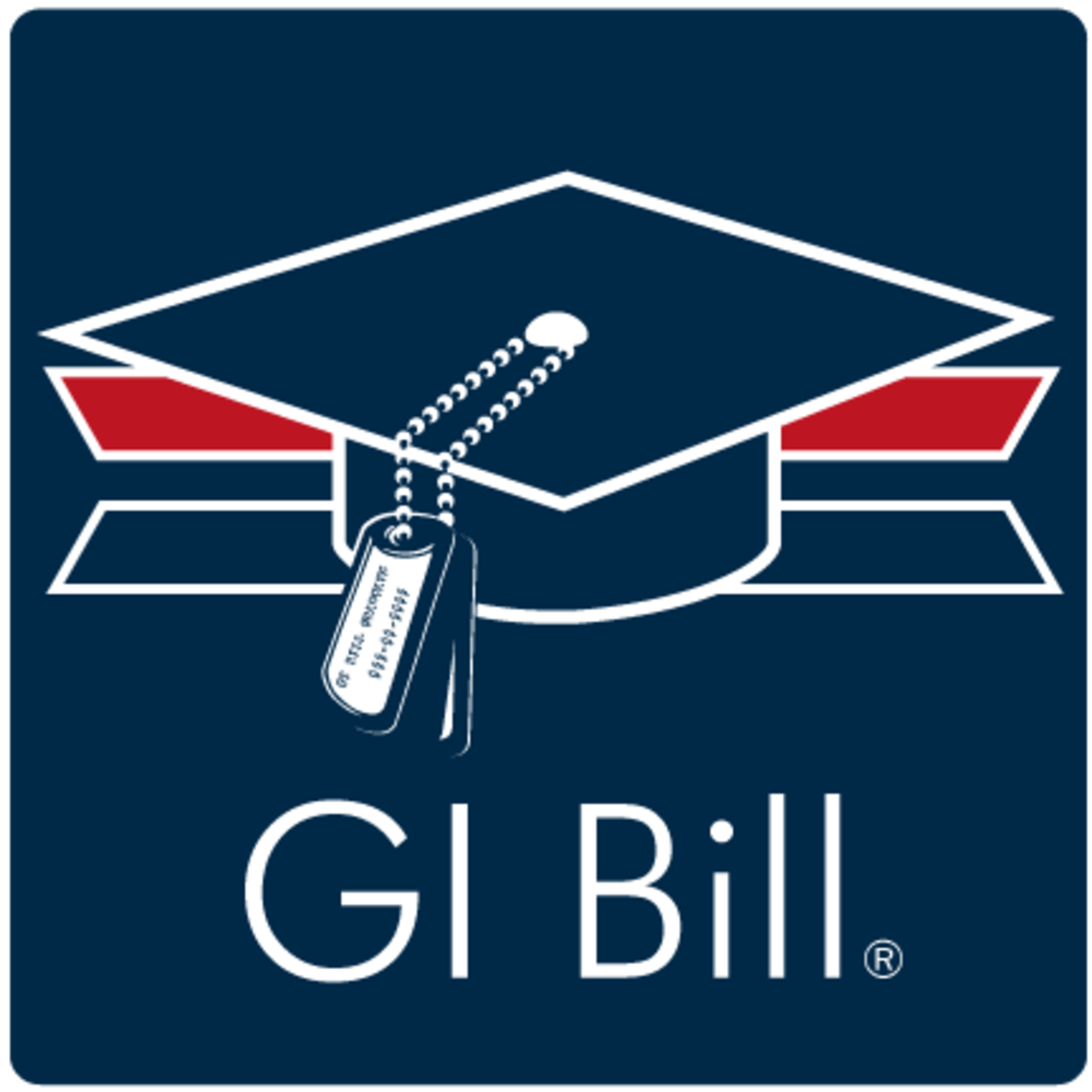 Graduation cap with dog tag tassel GI Bill graphic