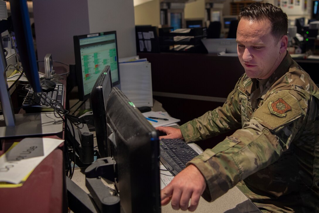 Staff Sgt. Caleb Shackelford, 22nd Space Operations Squadron defensive counter-space operator, monitors the Air Force Satellite Control Network link protection system to detect and investigate abnormal signals that could impact the AFSCN and its users, at Schriever Air Force Base, Colorado, Dec. 16, 2019. Shackelford is the first Airman assigned to this position, which was stood up in 2016. (U.S. Air Force photo by Airman 1st Class Jonathan Whitely)