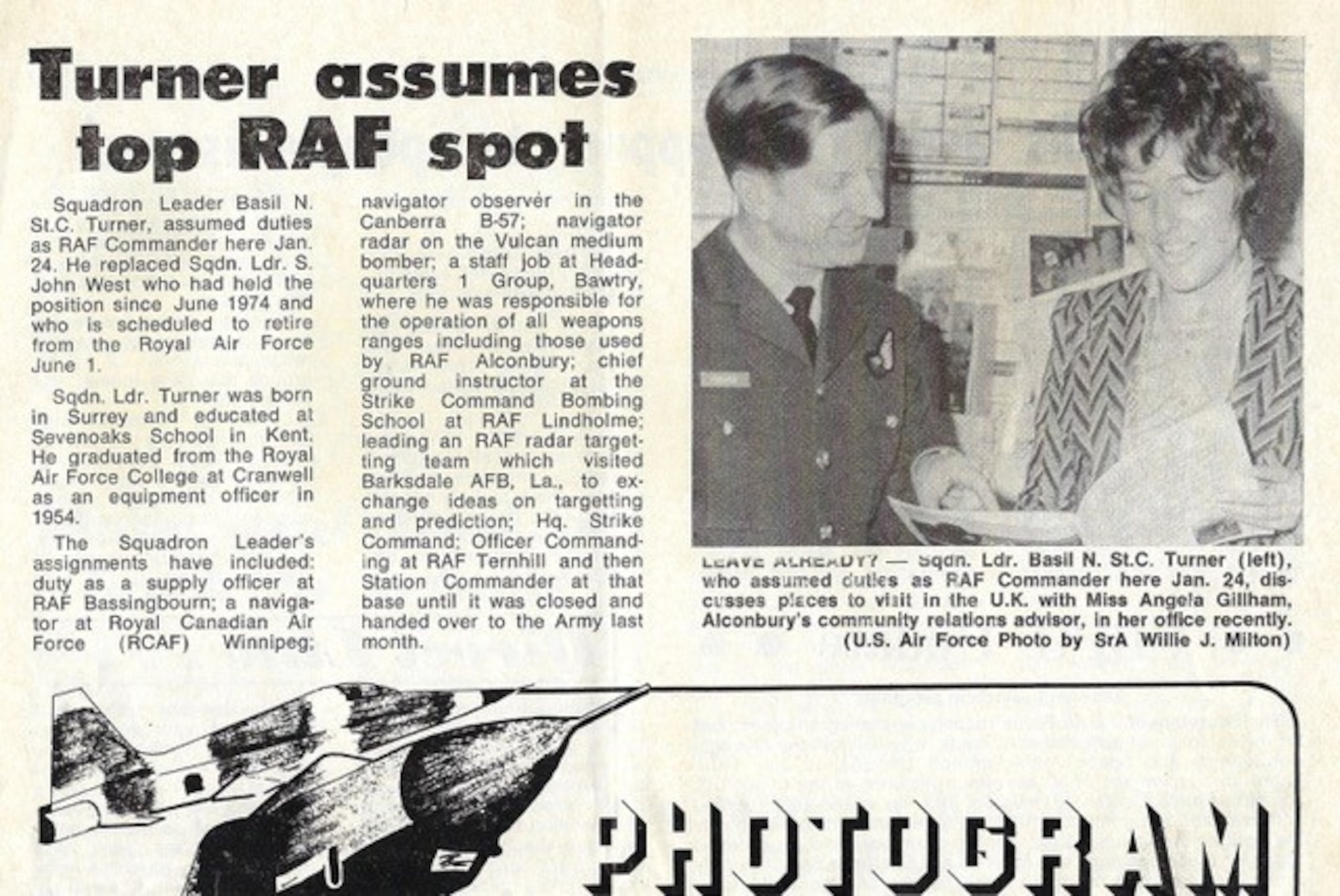 Newspaper clipping about Squadron Leader Basil Turner assuming duties as RAF Commander of RAF Alconbury in the 1970's. (Courtesy photo)