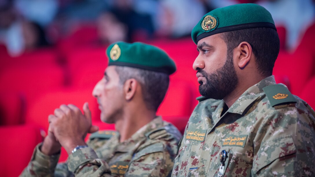 Service members from the Kuwaiti national guard listen as U.S. Airmen speak during the Digital Public Relations Conference and Exhibition at the National LIbrary of Kuwait in Kuwait City, Dec. 11, 2019. "Digitalizing Strategic Communications for Confronting Public Relations Crisis" was the theme during this segment of the conference, which brought together U.S. military members to an audience of Kuwaiti government representatives, industry insiders, undergraduates, media and academics on effective crisis communication practices. (U.S. Air Force photo by Tech. Sgt. Daniel Martinez)