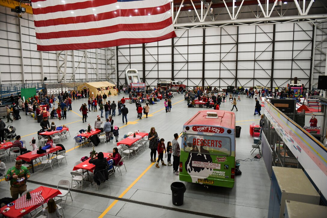 Team Mildenhall members celebrate the holiday season through crafts, games and food at the children’s holiday party at RAF Mildenhall, England, Dec. 14, 2019. The event was hosted by the Mildenhall Spouses’ Association in partnership with the 100th Force Support Squadron to provide various holiday-themed activities for Team Mildenhall children and families. (U.S. Air Force photo by Staff Sgt. Lexie West)