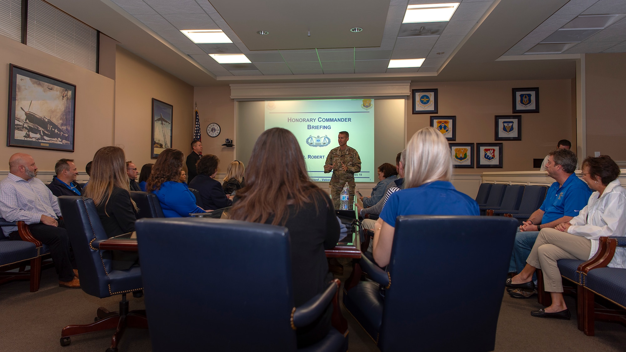 U.S. Air Force Col. Steve Snelson, the 6th Air Refueling Wing commander, speaks to honorary commanders before their immersion tour of the 6th Maintenance Group at MacDill Air Force Base, Fla., Dec. 12, 2019. The Honorary Commander Program helps foster a supportive relationship between the community and the Air Force by providing opportunities to share experiences.